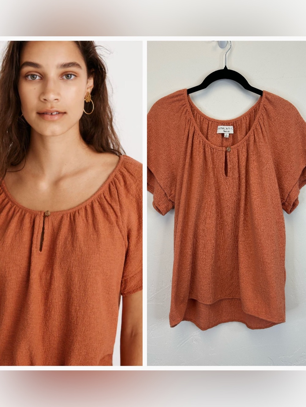Madewell Rust Textured Short Sleeve Peasant Top Size S Boho Classic Casual